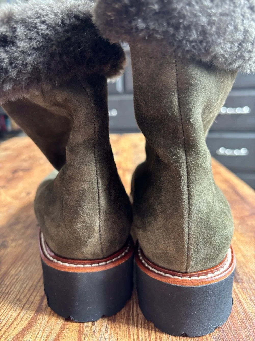 Women's Olive Suede Zip-Front Fur-Trim Ankle Boots - Picture 4 of 7